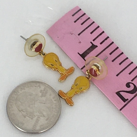 Vintage Tweety Bird Heart Enamel Earrings Gold Pierced Dangle By WB Foster Grant - Picture 9 of 11